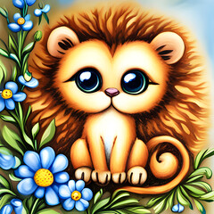 Cartoon illustration of a baby lion for books or other documents for children, created by AI Generator