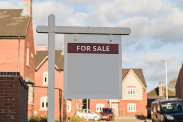 For sale sign against homes in background, property, economics and information concept illustration. - obrazy, fototapety, plakaty