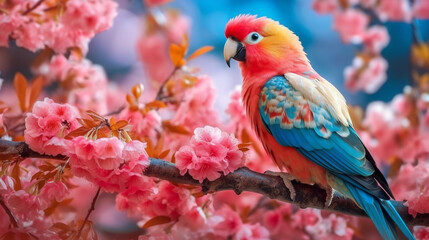Beautiful parrot on a branch with pink flowers.Generative Ai.