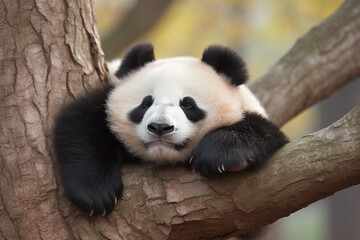 Naklejka na ściany i meble Panda eating bamboo on a tree branch.Generative Ai.