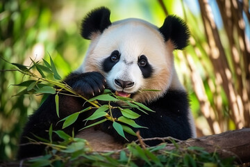 Panda eating bamboo on a tree branch.Generative Ai.