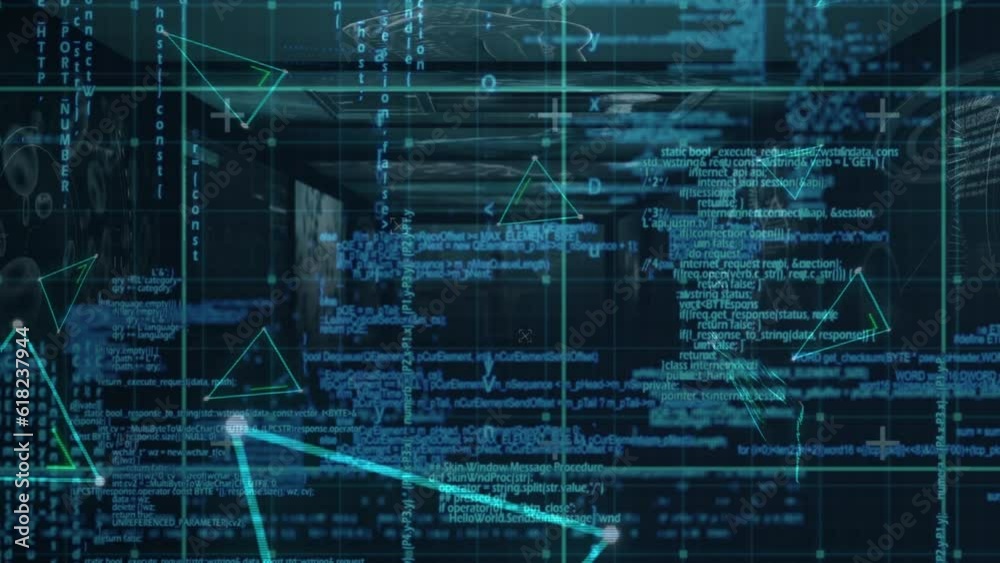 Poster animation of data processing over glowing triangles