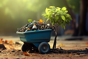 Generative AI illustration of green eco friendly wheelbarrow and shovel collecting plastic in the forest