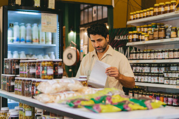 middle-aged Latin man, employed doing inventory in an organic supermarket