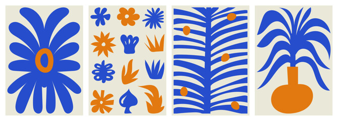 Abstract Organic Floral Poster Set. Modern Botanical Backgrounds in Minimal Style. Trendy Groovy Vector Illustration.