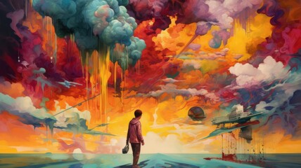 Man thinking of the future under colorful sky and clouds background