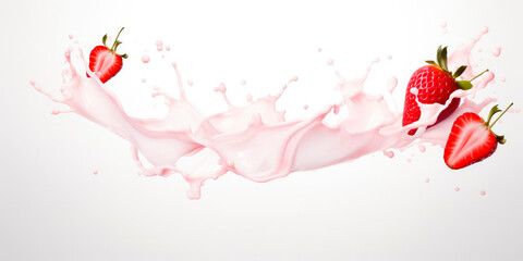 milk or yogurt splash with strawberries isolated on flat background