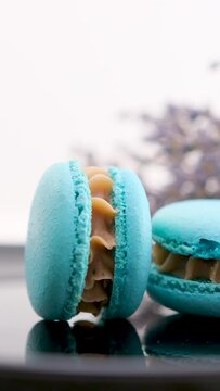 Fresh blue-colored macarons on flat lay blue background. Shades of blue colors. French dessert.