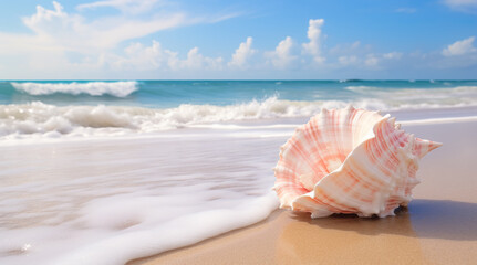 Obraz na płótnie Canvas Landscape with shells on tropical beach. Generative AI