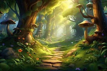 Fototapeta na wymiar Cartoon Style Forest Treasure Illustration for Children's Video Game. Digital CG Artwork with Fine Design & Realistic Background: Generative AI
