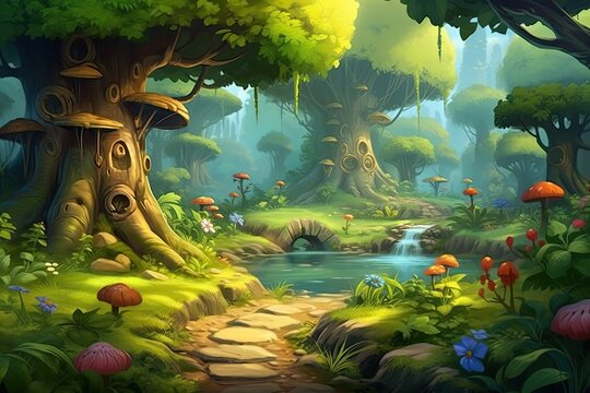 Cartoon Forest Treasure - Digital CG Art with Realistic Background. Fine Children Art Illustration for Fairytale Game Design. Generative AI