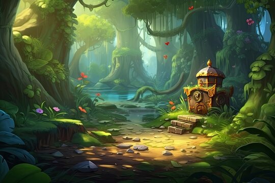 Cartoon Forest Treasure - Realistic Digital Artwork in Fine Children's Design with a Fairy Tale Background for Video Game Illustration