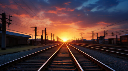Fototapeta na wymiar shiny train track and railway at sunset