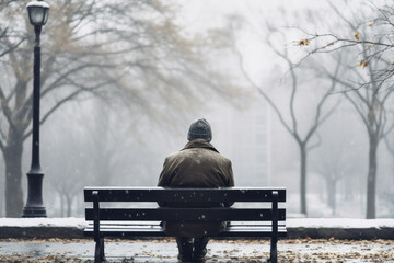 man sitting on bench in snow park in winter. Cold and solitude