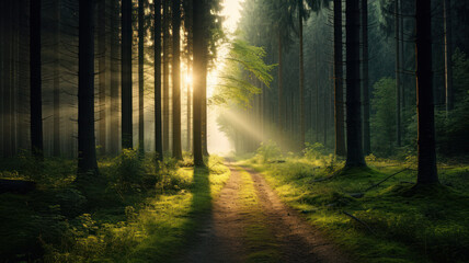 Obraz premium forest with path and sun rays. nature background