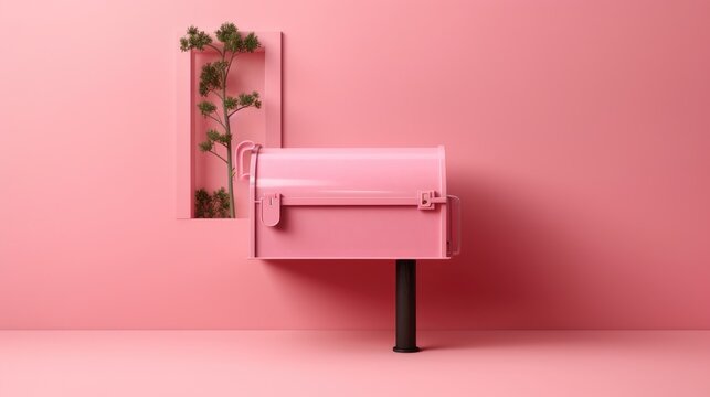 Mailing concept with a pink mailbox with a letter made of metal on a pink background.