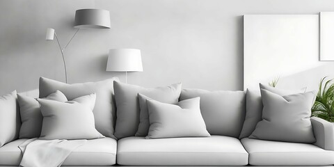 Light grey living room sofa with pillows in front of a natural wall 