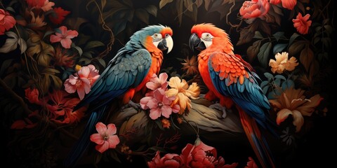 Fototapeta premium Tropical wallpaper background with parrots and flowers, ai generative
