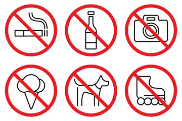 A set of prohibitory signs in shopping centers. No smoking, alcohol, camera, dogs, roller skates and ice cream.