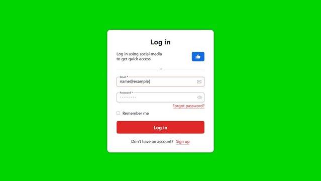 Log in Form Screen Animation. Website page with fields Email and Password. Animated template for UI Design. Green Screen. 4k Video