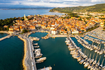 Izola townscape  on the Adriatic coast of the Istrian peninsula in Slovenia. Aerial drone view