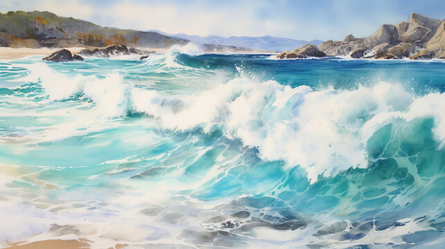 A Beautiful dark blue big sea waves in the ocean splashing on the sandy beach on the shore painted in watercolor