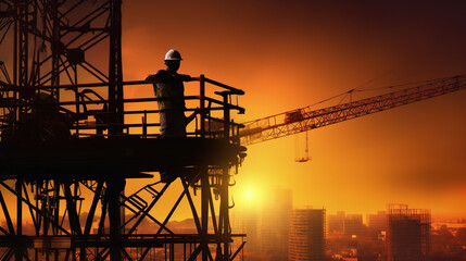 A Silhouette Worker on Construction Background, with Tower Crane Background at Construction Site and City Silhouette Sunset Background.