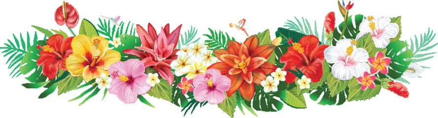 Horizontal Banner from tropical plants and exotic flowers © Viktoriia Protsak
