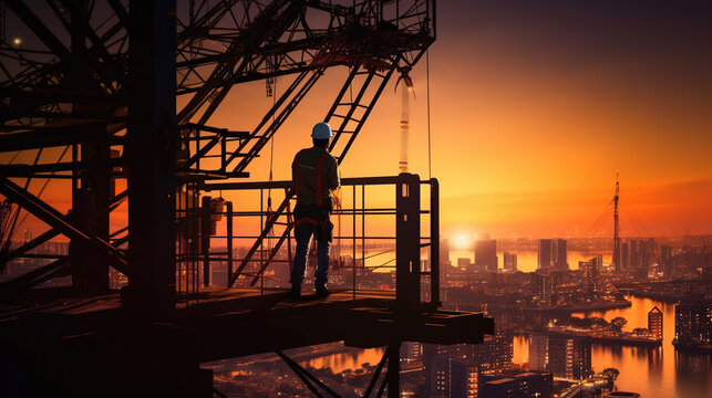 A Silhouette Worker on Construction Background, with Tower Crane Background at Construction Site and City Silhouette Sunset Background.