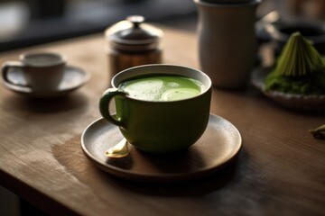 Obraz premium Green matcha tea drink on kitchen counter, AI Generated