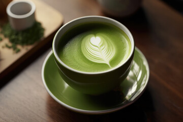 Green matcha tea drink on kitchen counter, AI Generated