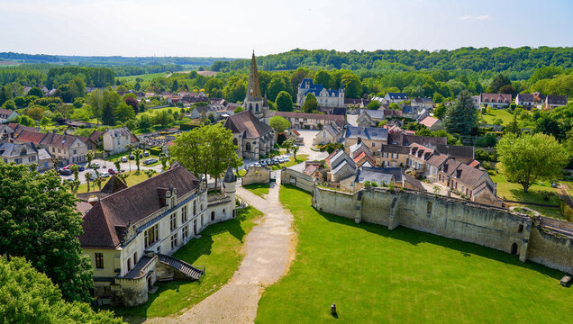 Aerial view over the park of the Castle of Septmonts in Aisne, Picardie, France - Built in the 14th century, this medieval tower was used both for military and residential purposes