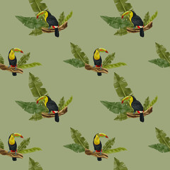 Realistic watercolor toucans in the jungle. Seamless pattern. Tropical palm trees, banana leaves. For wallpaper, covers, wrapping paper