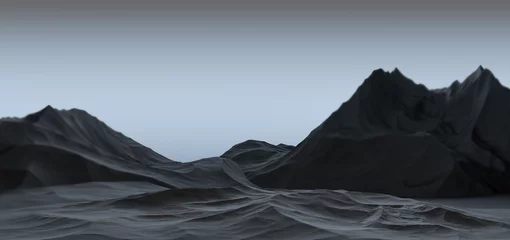 Poster Black Mountains are gloomy. Rocks, rocky terrain in blur. Abstract landscape of mountains in the darkness. 3D render © Binkontan