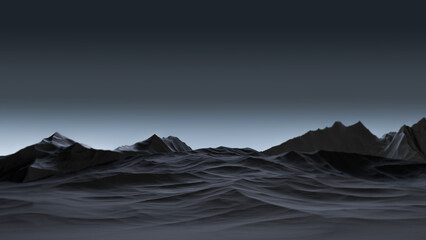 Black Mountains are gloomy. Rocks, rocky terrain in blur. Abstract landscape of mountains in the darkness. 3D render