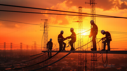 An Electrical Engineers and Workers are Working on the Construction of the Extension of the High-voltage Pylon on the High-voltage Pylon.