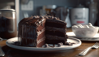 A decadent slice of homemade chocolate cake generated by AI