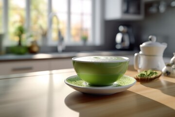 Fototapeta na wymiar Green matcha tea drink on kitchen counter, AI Generated