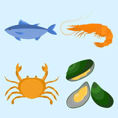 Seafood, Fish, Prawn, Shrimp, Shellfish, mussel, crab in flat vector illustration design