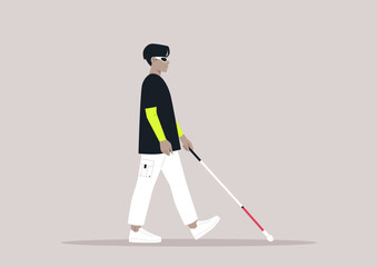 Obraz premium Young character using a white cane, a visually impaired person walking outdoor