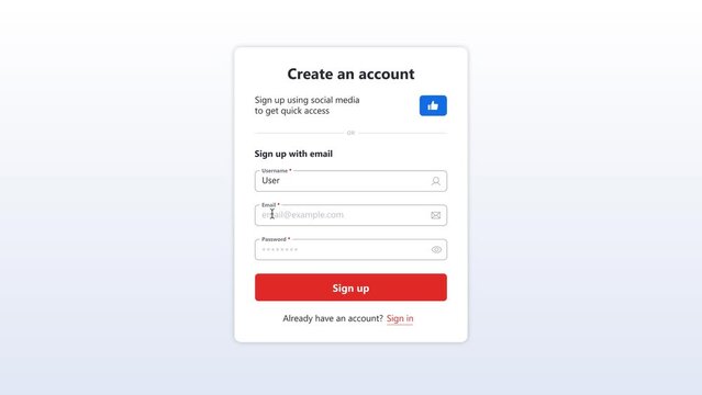 Sign up Form Screen Animation. Website page with fields Username, Email and Password. Animated template for UI Design. 4k Video