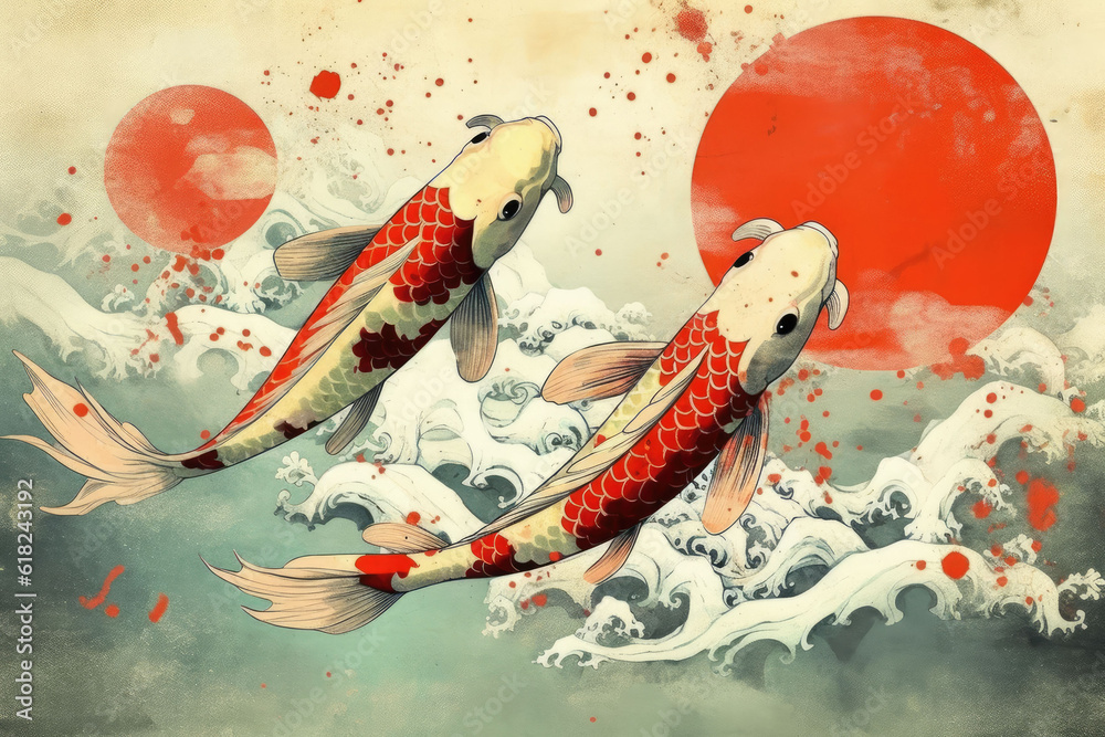 Wall mural Vector image of an carp koi on Japanese background,Ai generative