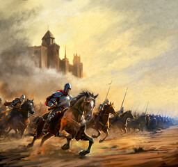 Fantasy battle of knights in armor, knights on horseback attack the enemy, castle in the background, dynamic plot, vertical composition with space for text, illustration and book cover
