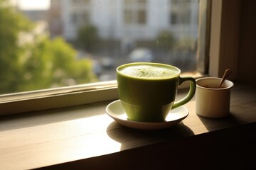 Fototapeta premium Green matcha tea drink on windowsill, AI Generated