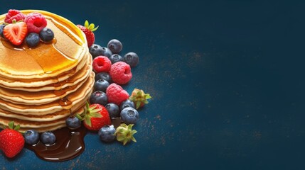 Fototapeta na wymiar Pancakes with Strawberry and Blueberry Border Background