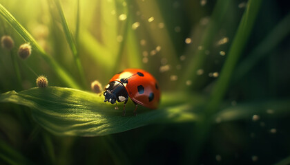 Obraz premium Spotted ladybug on wet blade of grass generated by AI