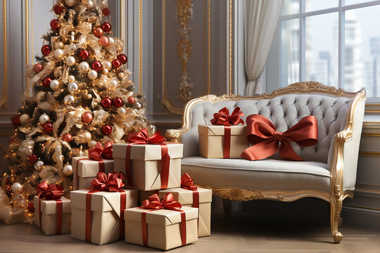 Christmas tree and craft gift boxes with red bows in antique interior. Generative AI