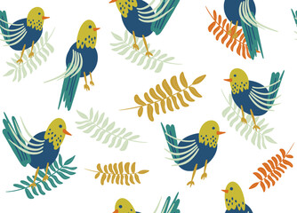 Naklejka premium Seamless pattern birds in retro style. Hand drawn doodles, Vector illustration of characters in vintage.