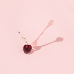 Romantic fruit bite, retro style dessert fork, creative, aesthetic cherry layout