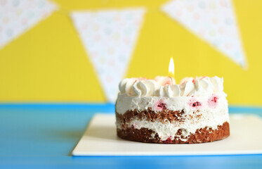 Festive birthday cake. Cake with a candle. Cake on a festive background. Happy birthday